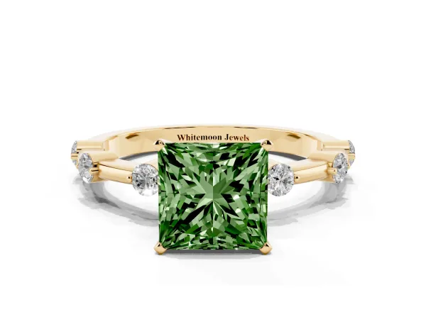 Fancy Green Princess Cut Solitaire Diamond Ring with Bezel Set Side Stones and Prong Setting Yellow gold