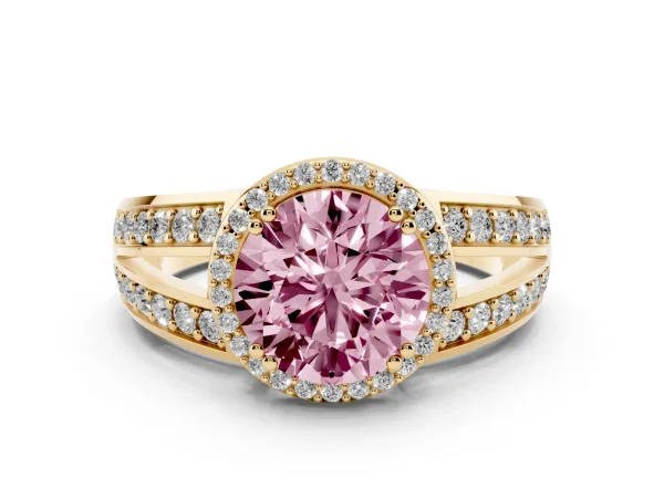 Fancy Pink Round Cut Diamond Halo Ring with Split Shank Pavé Band and Four-Prong Setting Yellow gold