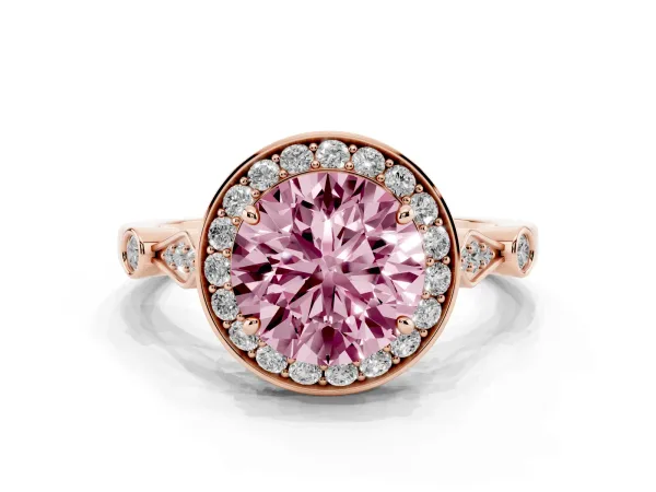 Fancy Pink Round Cut Halo Diamond Engagement Ring with Twisted Band and Four-Prong Setting Rose gold