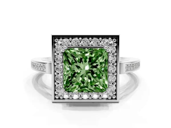 Fancy Green Princess Cut Diamond Halo Ring with Split Shank and Four-Prong Setting Platinum