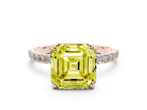 Fancy Yellow Asscher Cut Diamond Solitaire Ring with Round Pavé Band and Prong Setting Rose gold