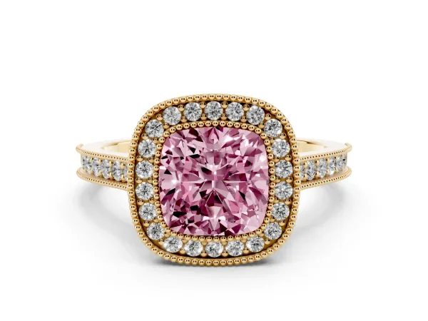 Fancy Pink Halo Cushion Cut-Cut Diamond Pave Band Milgrain Prong Setting Ring Yellow gold