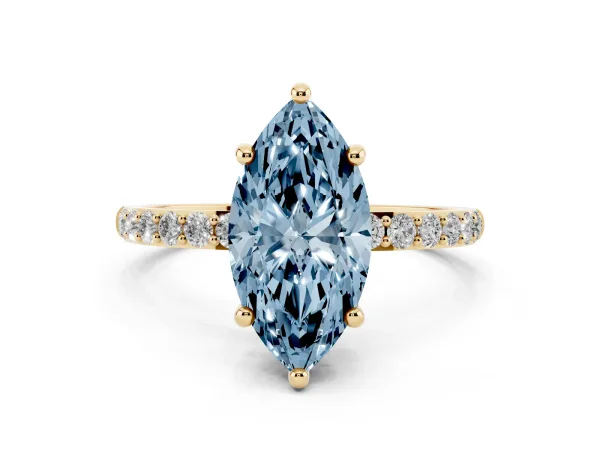 Fancy Blue Marquise Cut Diamond Solitaire Ring with Round Pavé Band and Prong Setting Yellow gold