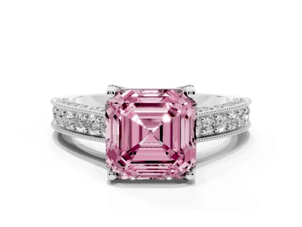 Fancy Pink Asscher Cut Cut Diamond Solitaire Ring with Milgrain Pave Band and Four Prong Setting Platinum