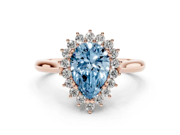 Fancy Blue Pear Cut Cut Diamond Halo Ring with Solitaire Band and Prong Setting Rose gold