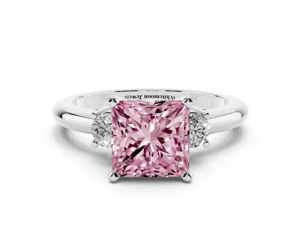 Fancy Pink Three-Stone Princess Cut Cut Diamond Solitaire with Prong Setting and Classic Band Platinum