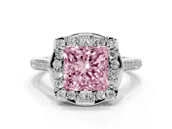 Fancy Pink Princess Cut Halo Round Diamond Pave Band with Four-Prong Setting Platinum