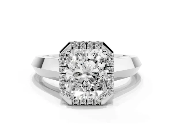 Radiant Cut Halo Diamond Ring with Cathedral Band and Four-Prong Setting Platinum
