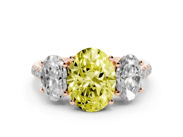 Fancy Yellow Three-Stone Oval Cut Diamond Ring with Round Pavé Band and Prong Setting Rose gold