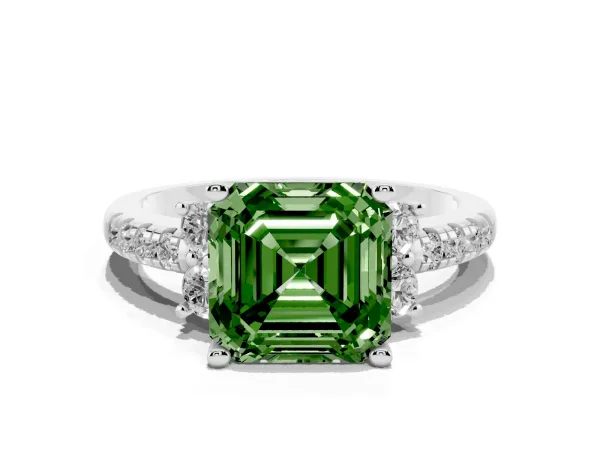 Fancy Green Asscher Cut Diamond Three-Stone Pave Band with Four-Prong Setting White gold