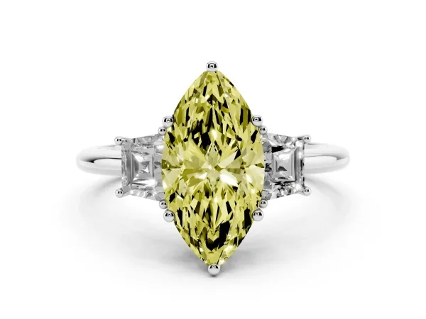 Fancy Yellow Marquise Cut Diamond Three-Stone Ring with Trapezoid Side Stones and Prong Setting Platinum