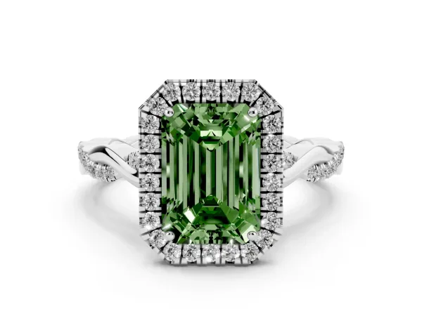 Fancy Green Emerald Cut Halo Twist Band Solitaire Ring White gold