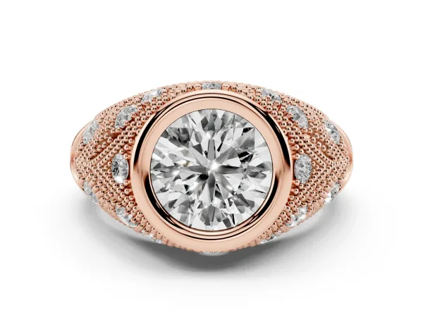 Bezel Set Round Cut Diamond Milgrain Band Ring Rose gold