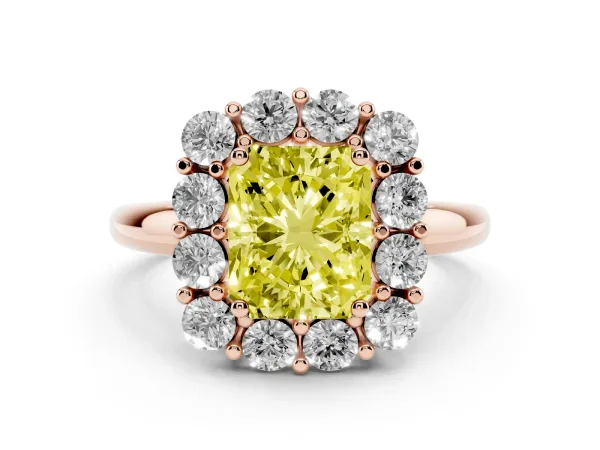 Fancy Yellow Radiant Cut Halo Cluster Diamond Engagement Ring with Prong Setting and Polished Band Rose gold