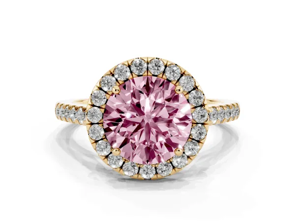 Fancy Pink Round Cut Halo Pave Diamond Engagement Ring with Four-Prong Setting Yellow gold