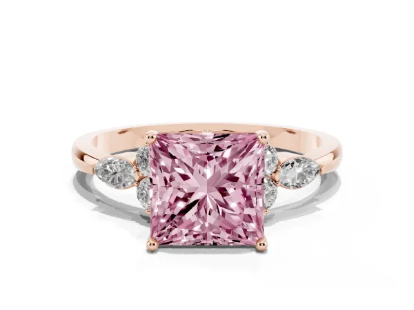 Fancy Pink Princess Cut Brilliant Diamond Solitaire Ring with Pear Side Stones and Four-Prong Setting Rose gold