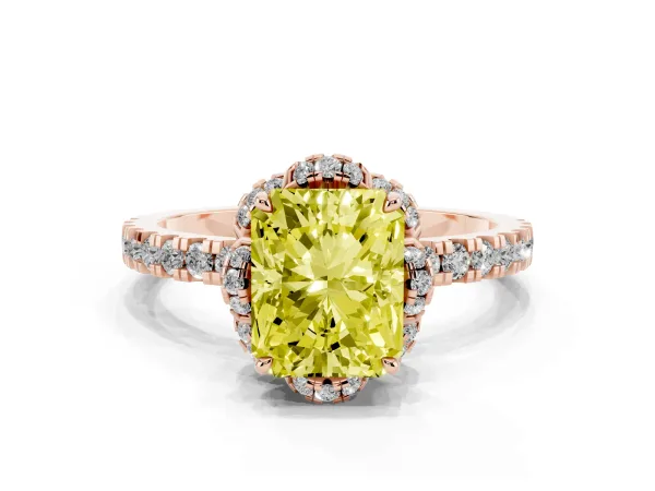 Fancy Yellow Radiant Cut Halo Diamond Pave Band Ring with Four-Prong Setting Rose gold