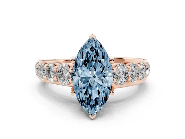 Fancy Blue Marquise Cut Diamond Engagement Ring with Pavé Band and Four-Prong Setting Rose gold