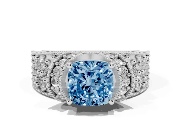 Fancy Blue Cushion Cut Halo Pave Diamond Engagement Ring with Milgrain Detailing Platinum
