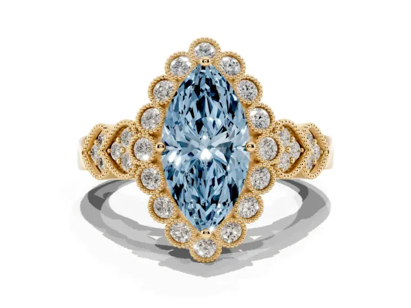 Fancy Blue Marquise Cut Brilliant Milgrain Pave Heart Band Solitaire Ring Yellow gold