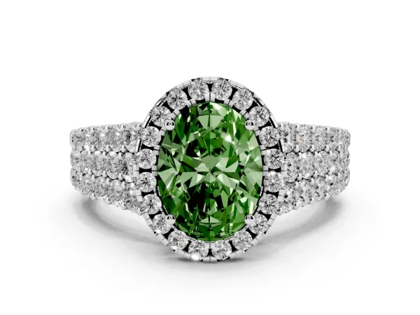 Fancy Green Oval Cut Diamond Halo Engagement Ring with Triple Row Round Pavé Band and Prong Setting Platinum