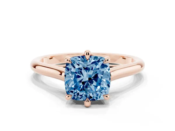 Fancy Blue Cushion Cut Solitaire Engagement Ring with Six-Prong Setting and Classic Band Rose gold
