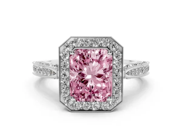 Fancy Pink Radiant Cut Halo Diamond Engagement Ring with Split Shank Band and Four-Prong Setting Platinum