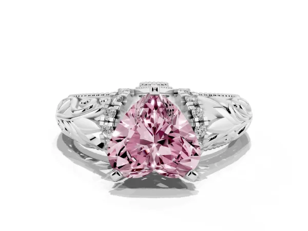 Fancy Pink Heart Cut Solitaire Filigree Engagement Ring with Halo and Prong Setting Platinum