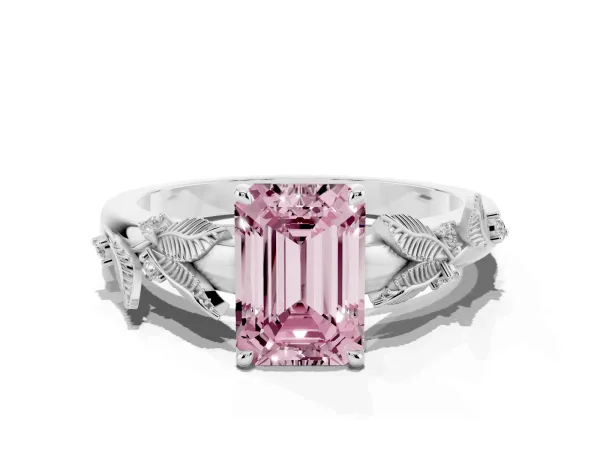 Fancy Pink Emerald Cut Diamond Solitaire Ring with Leaf Motif Band and Four-Prong Setting Platinum
