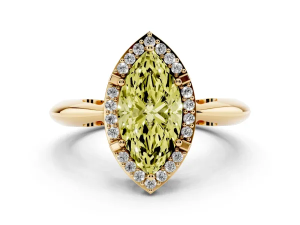 Fancy Yellow Marquise Cut Cut Diamond Halo Engagement Ring with Split Shank and Four-Prong Setting Yellow gold