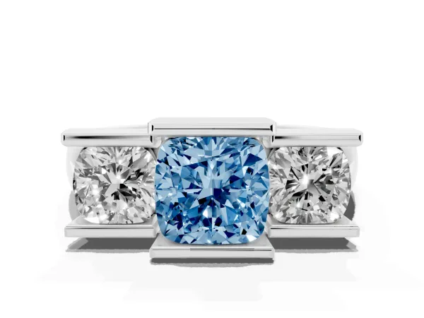 Fancy Blue Three Stone Cushion Cut Cut Channel Set Diamond Ring White gold