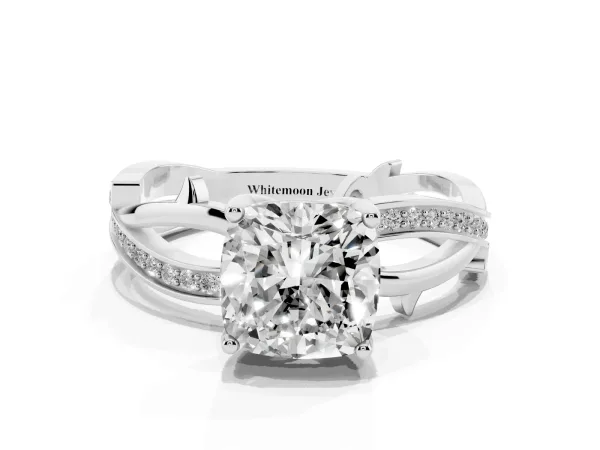 Cushion Cut Solitaire Twist Band with Pavé Accents and Four-Prong Setting Platinum