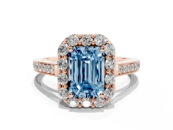 Fancy Blue Emerald Cut Diamond Floral Halo Ring with Pavé Band and Prong Setting Rose gold