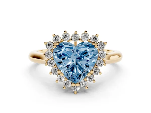 Fancy Blue Heart Cut Cut Diamond Halo Ring with Solitaire Band and Prong Setting Yellow gold