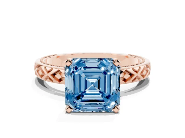 Fancy Blue Asscher Cut Solitaire Diamond Ring with Milgrain and Black Enamel X Pattern Band Rose gold