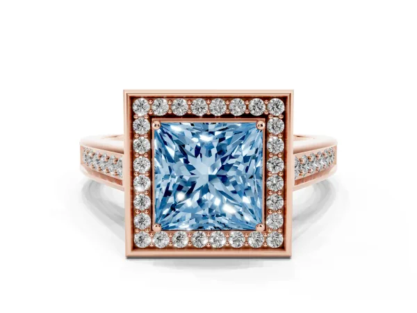Fancy Blue Princess Cut Halo Solitaire Diamond Ring with Pave Band and Bezel Setting Rose gold