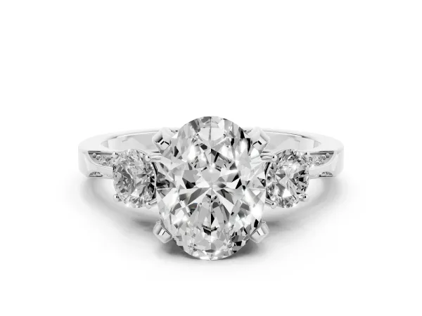 Oval Cut Brilliant Three-Stone Diamond Ring with Pavé Band and Four-Prong Setting White gold