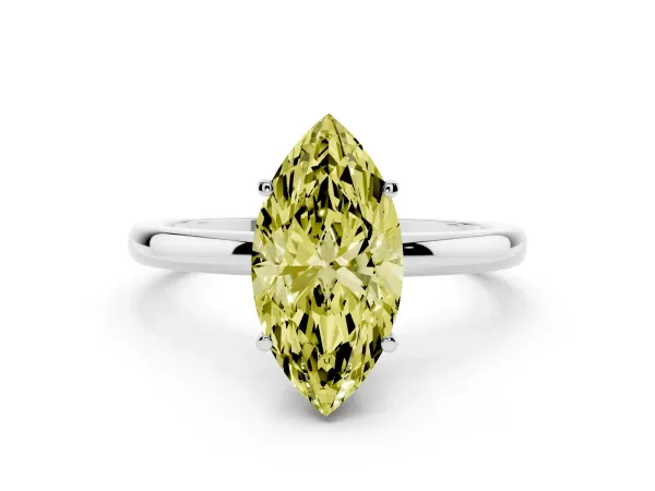 Fancy Yellow Marquise Cut Solitaire Diamond Ring with Prong Setting and Plain Band Platinum
