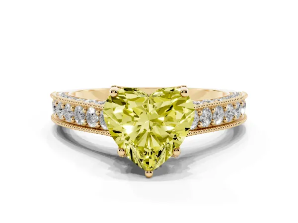 Fancy Yellow Heart Cut Cut Diamond Solitaire Ring with Milgrain Pave Band and Four Prong Setting Yellow gold