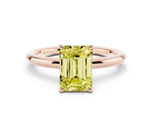 Fancy Yellow Emerald Cut Diamond Solitaire Ring with Thin Band and Four-Prong Setting Rose gold