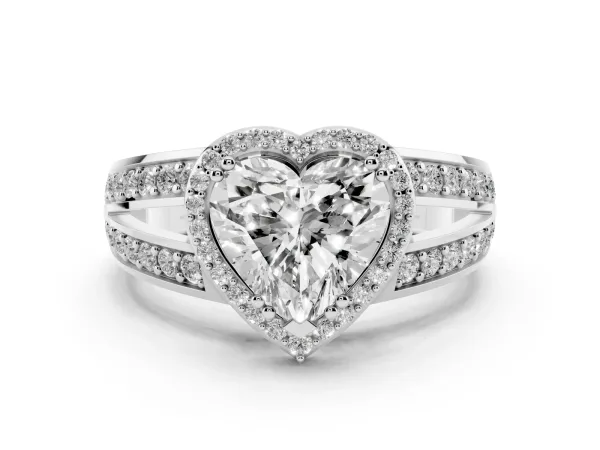 Heart Cut Diamond Halo Ring with Split Shank Pavé Band and Four-Prong Setting Platinum