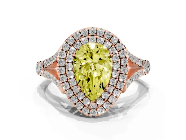 Fancy Yellow Pear Cut Diamond Double Halo Ring with Split Shank and Prong Setting Rose gold