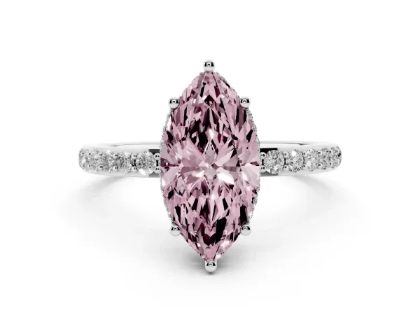 Fancy Pink Marquise Cut Diamond Solitaire Ring with Pavé Band and Hidden Halo White gold