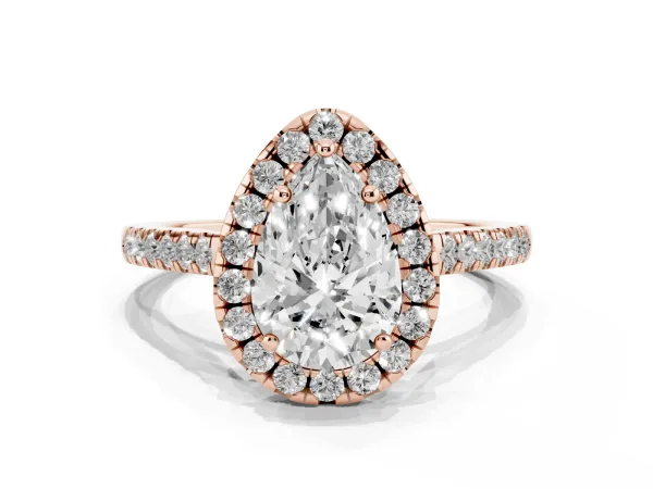Pear Cut Halo Pavé Diamond Engagement Ring with Four-Prong Setting Rose gold
