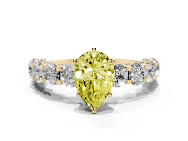 Fancy Yellow Pear Cut Diamond Side Stone Engagement Ring with Four-Prong Setting Yellow gold