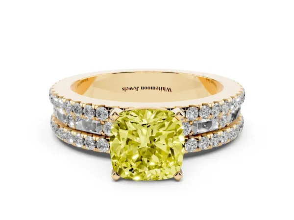 Fancy Yellow Cushion Cut Diamond Solitaire Ring with Pavé and Channel Set Band Yellow gold
