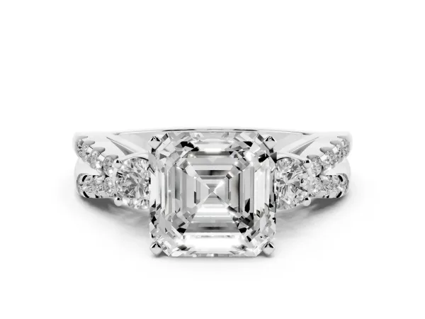 Asscher Cut Diamond Three-Stone Ring with Pavé Split Shank and Four-Prong Setting White gold