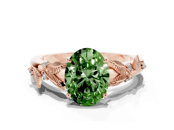 Fancy Green Oval Cut Diamond Solitaire Ring with Leaf Motif Band and Four-Prong Setting Rose gold