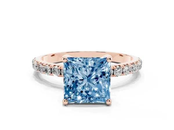Fancy Blue Princess Cut Cut Diamond Solitaire Ring with Micro Pave Band and Four Prong Setting Rose gold