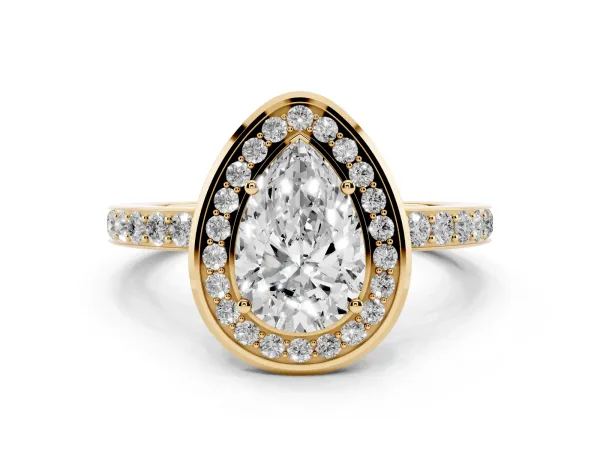 Pear Cut Diamond Halo Ring with Bezel Frame and Pavé Band Yellow gold